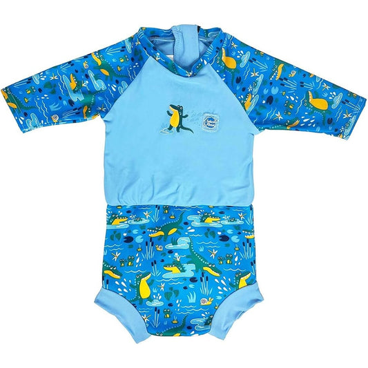 Splash About baby sunsuit with 3/4 sleeves, blue crocodile print rash guard and diaper cover