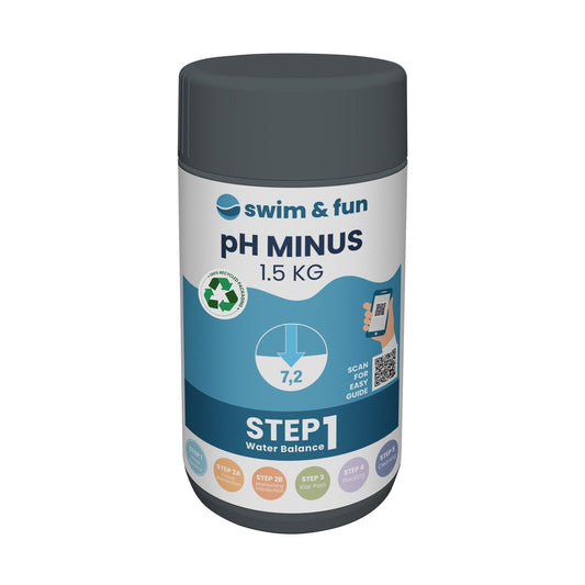 Swim & Fun pH-Minus 1.5 kg, hvid beholder med blåt etiketdesign