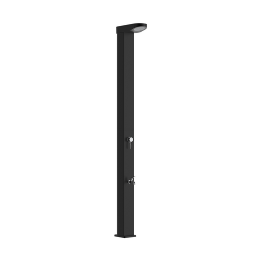 Swim & Fun Malaga 35L outdoor solar shower with black aluminum column, temperature mixing valve and foot faucet